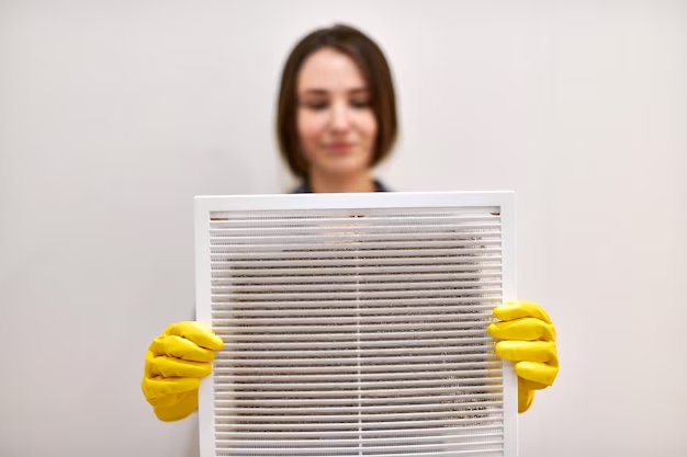 Woman in yellow gloves holding a dirty filter.