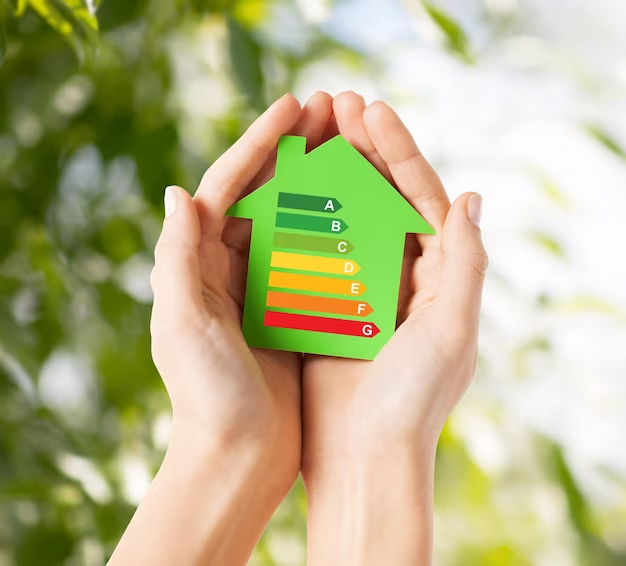 Woman's hand holding a green paper house with an energy chart