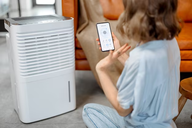 A girl adjusts the air purifier 
