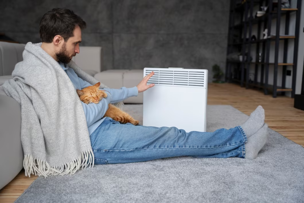 Man sitting on the floor, holding his cat on his arm, with a blanket on his shoulder, and holding an air purifier in his other hand.